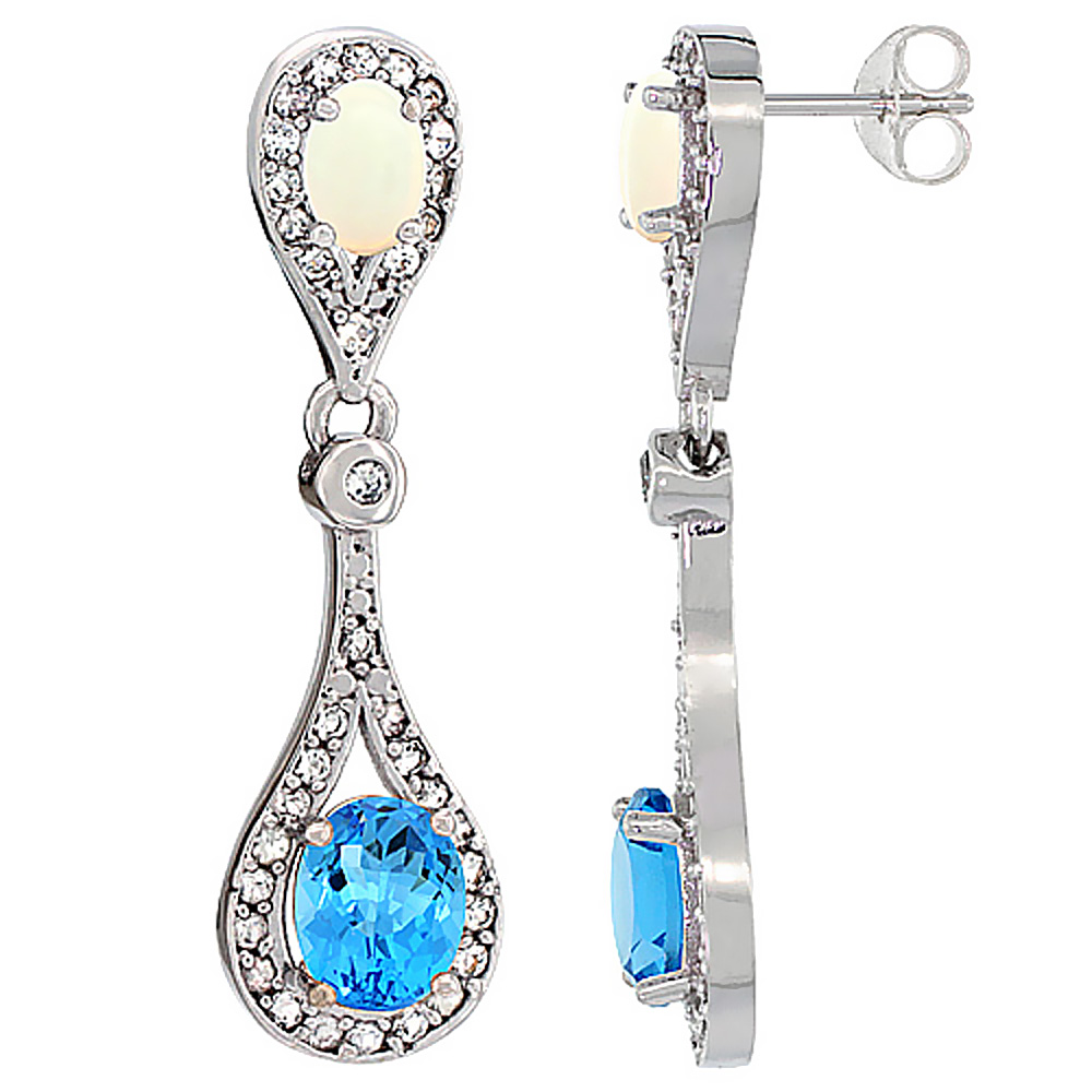 14K WHITE GOLD NATURAL SWISS BLUE TOPAZ & OPAL OVAL DANGLING EARRINGS WHITE SAPPHIRE & DIAMOND ACCENTS, 1 3/8 INCHES LONG
