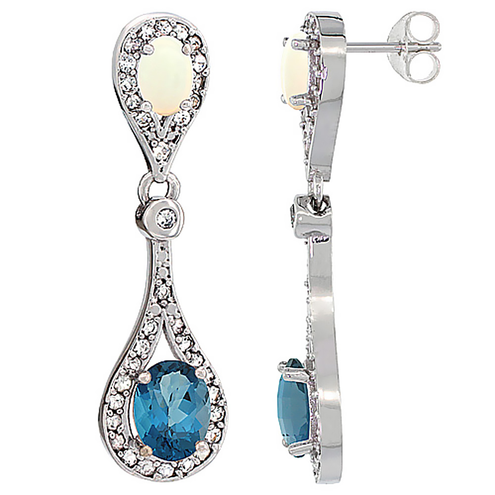 14K WHITE GOLD NATURAL LONDON BLUE TOPAZ & OPAL OVAL DANGLING EARRINGS WHITE SAPPHIRE & DIAMOND ACCENTS, 1 3/8 INCHES LONG