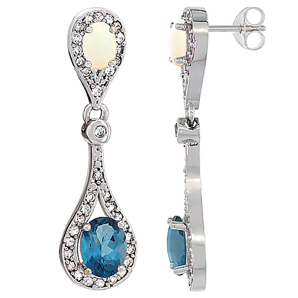 14K White Gold Natural London Blue Topaz &amp; Opal Oval Dangling Earrings White Sapphire &amp; Diamond Accents, 1 3/8 inches long