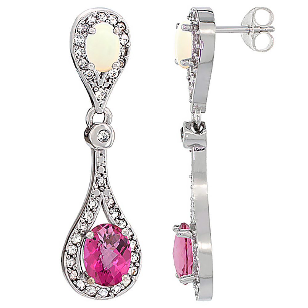 14K WHITE GOLD NATURAL PINK TOPAZ & OPAL OVAL DANGLING EARRINGS WHITE SAPPHIRE & DIAMOND ACCENTS, 1 3/8 INCHES LONG