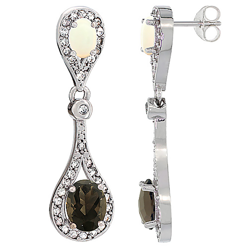 14K WHITE GOLD NATURAL SMOKY TOPAZ & OPAL OVAL DANGLING EARRINGS WHITE SAPPHIRE & DIAMOND ACCENTS, 1 3/8 INCHES LONG