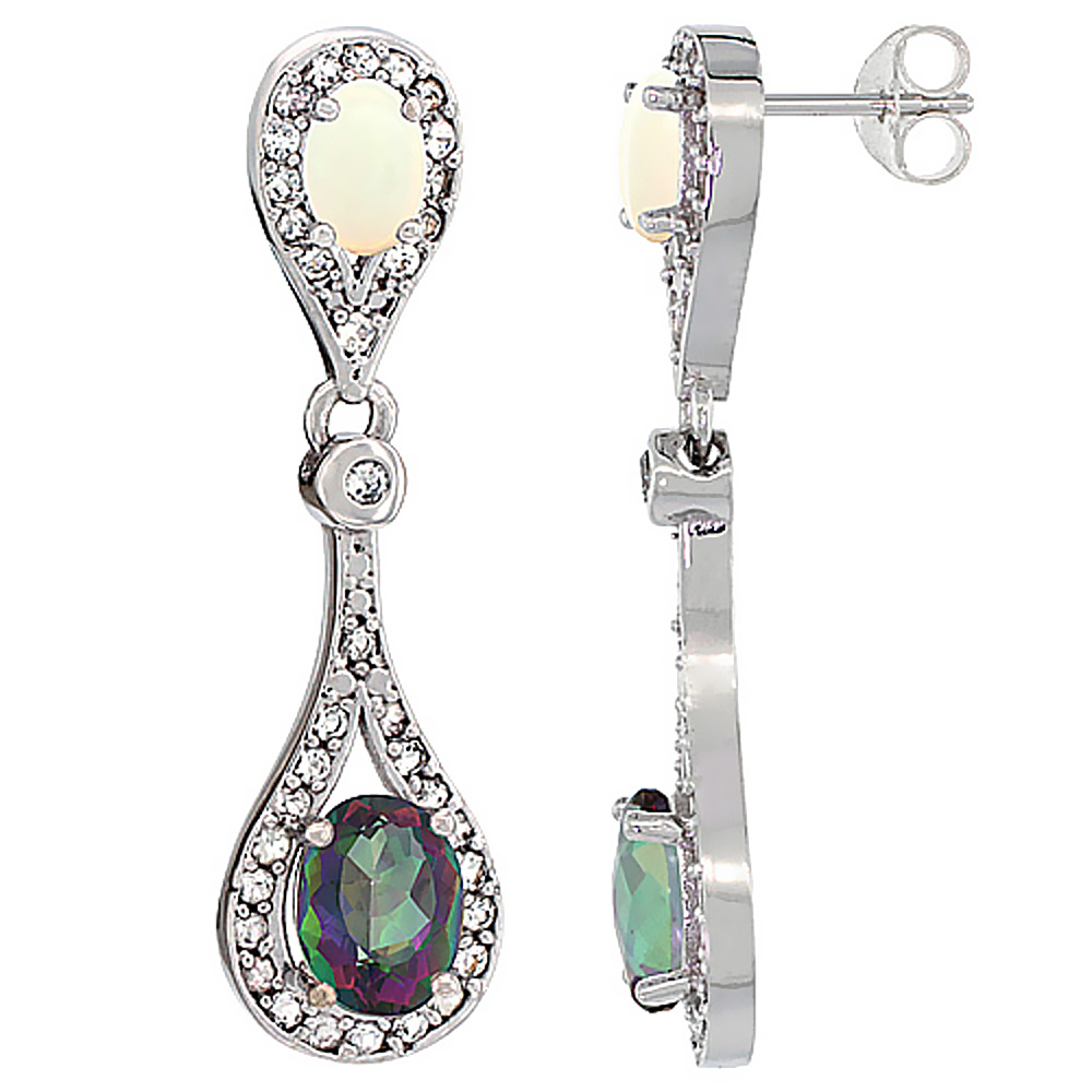 14K WHITE GOLD NATURAL MYSTIC TOPAZ & OPAL OVAL DANGLING EARRINGS WHITE SAPPHIRE & DIAMOND ACCENTS, 1 3/8 INCHES LONG
