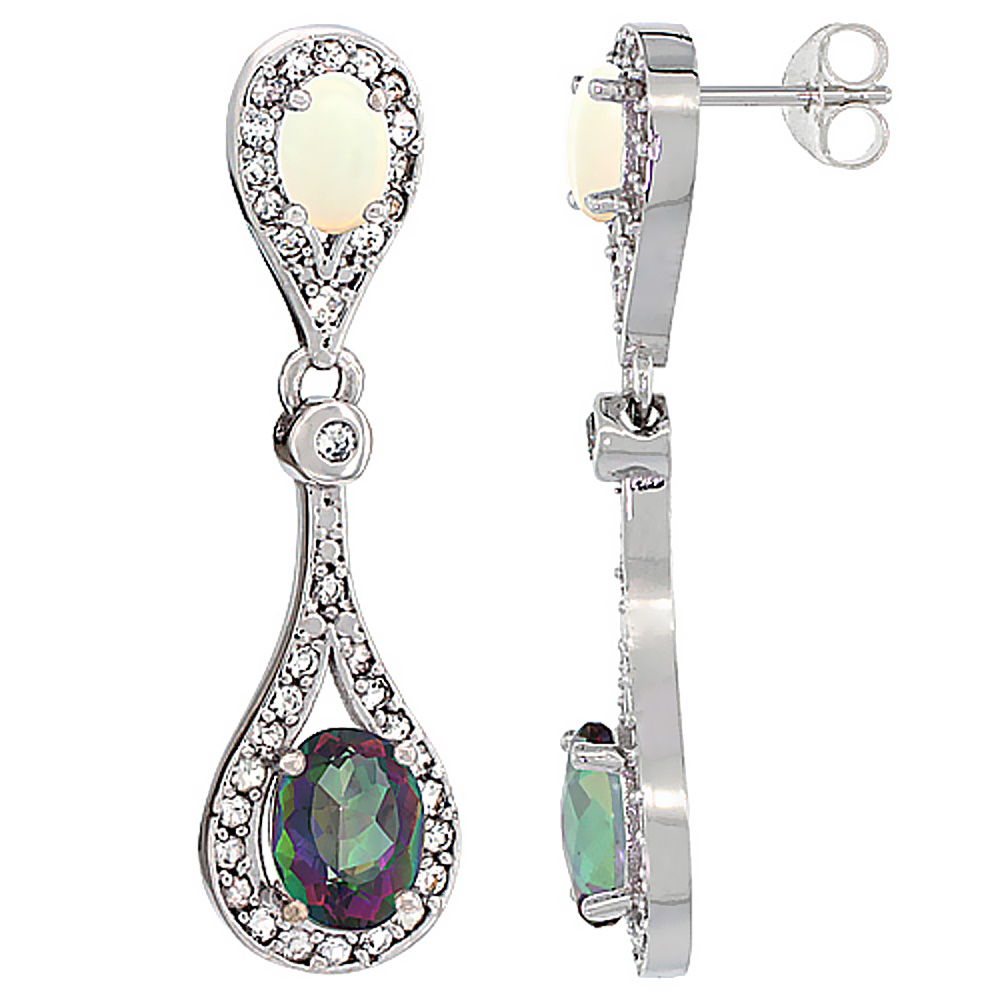14K White Gold Natural Mystic Topaz &amp; Opal Oval Dangling Earrings White Sapphire &amp; Diamond Accents, 1 3/8 inches long