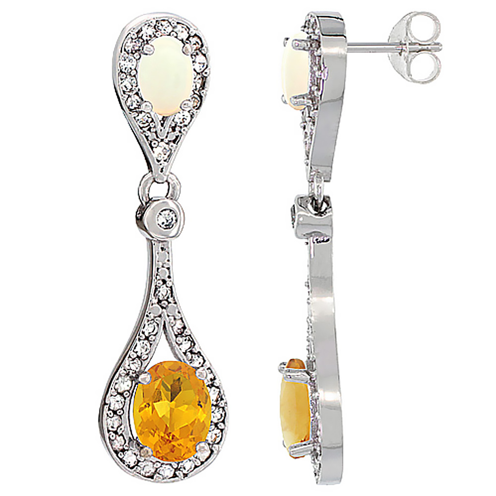 14K WHITE GOLD NATURAL CITRINE & OPAL OVAL DANGLING EARRINGS WHITE SAPPHIRE & DIAMOND ACCENTS, 1 3/8 INCHES LONG