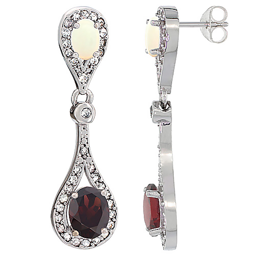 10K White Gold Natural Garnet & Opal Oval Dangling Earrings White Sapphire & Diamond Accents, 1 3/8 inches long