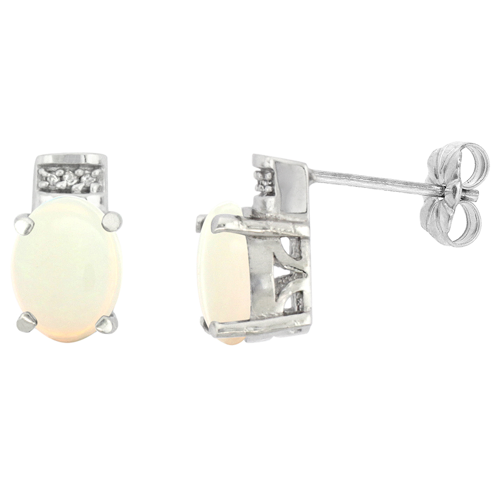 10K White Gold Diamond Natural Opal Earrings Oval 8x6 mm