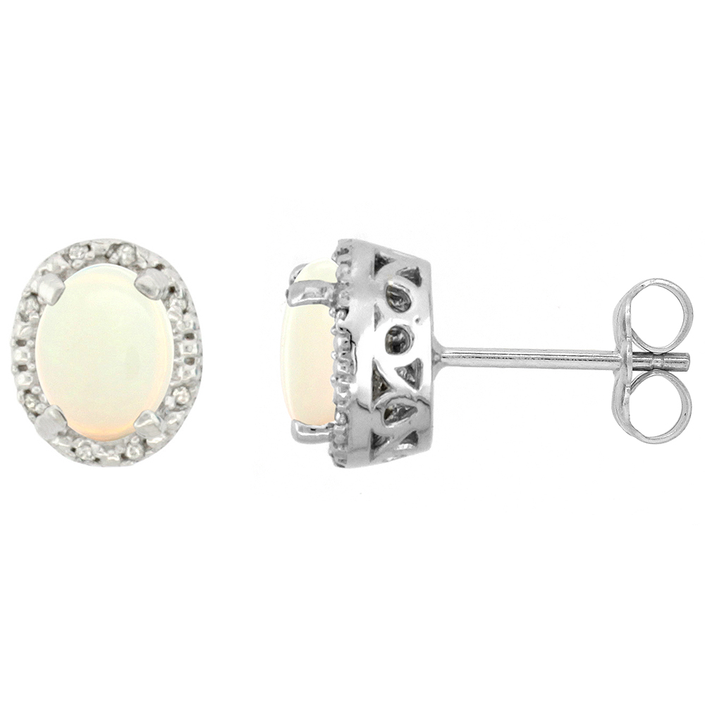 10K White Gold Diamond Halo Natural Opal Stud Earrings Oval 7x5 mm