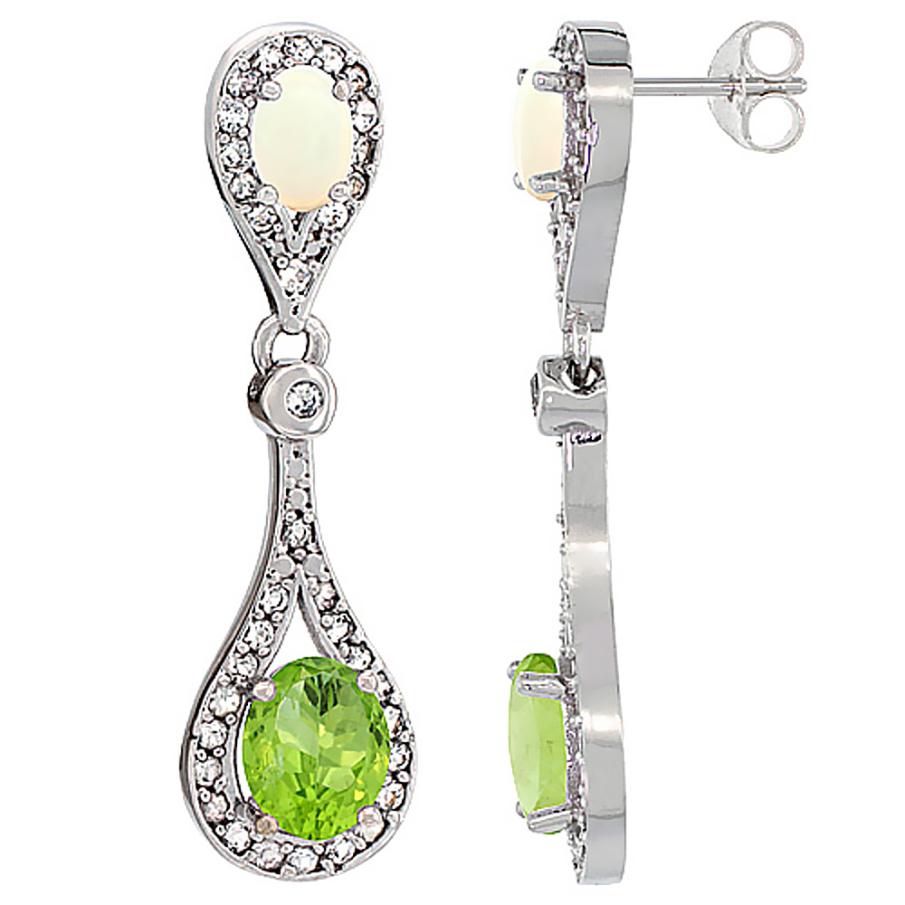 14K WHITE GOLD NATURAL PERIDOT & OPAL OVAL DANGLING EARRINGS WHITE SAPPHIRE & DIAMOND ACCENTS, 1 3/8 INCHES LONG