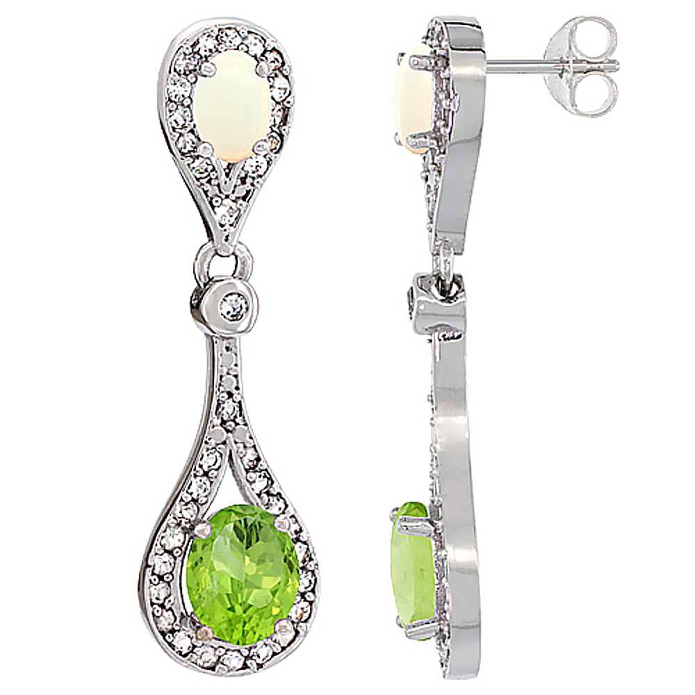14K White Gold Natural Peridot &amp; Opal Oval Dangling Earrings White Sapphire &amp; Diamond Accents, 1 3/8 inches long