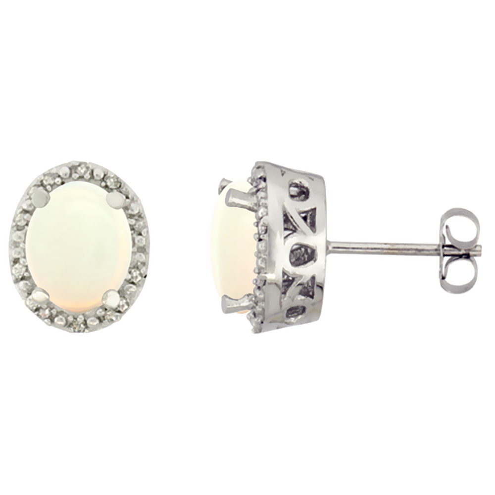 10K White Gold Genuine Opal Stud Earrings Diamond Halo Oval 8x6 mm
