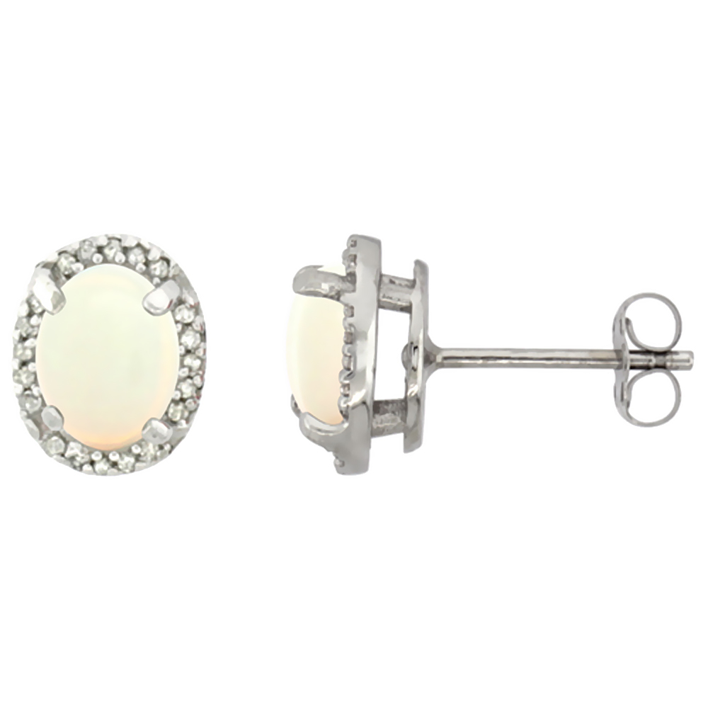 10K White Gold Diamond Natural Opal Earrings Oval 7x5 mm