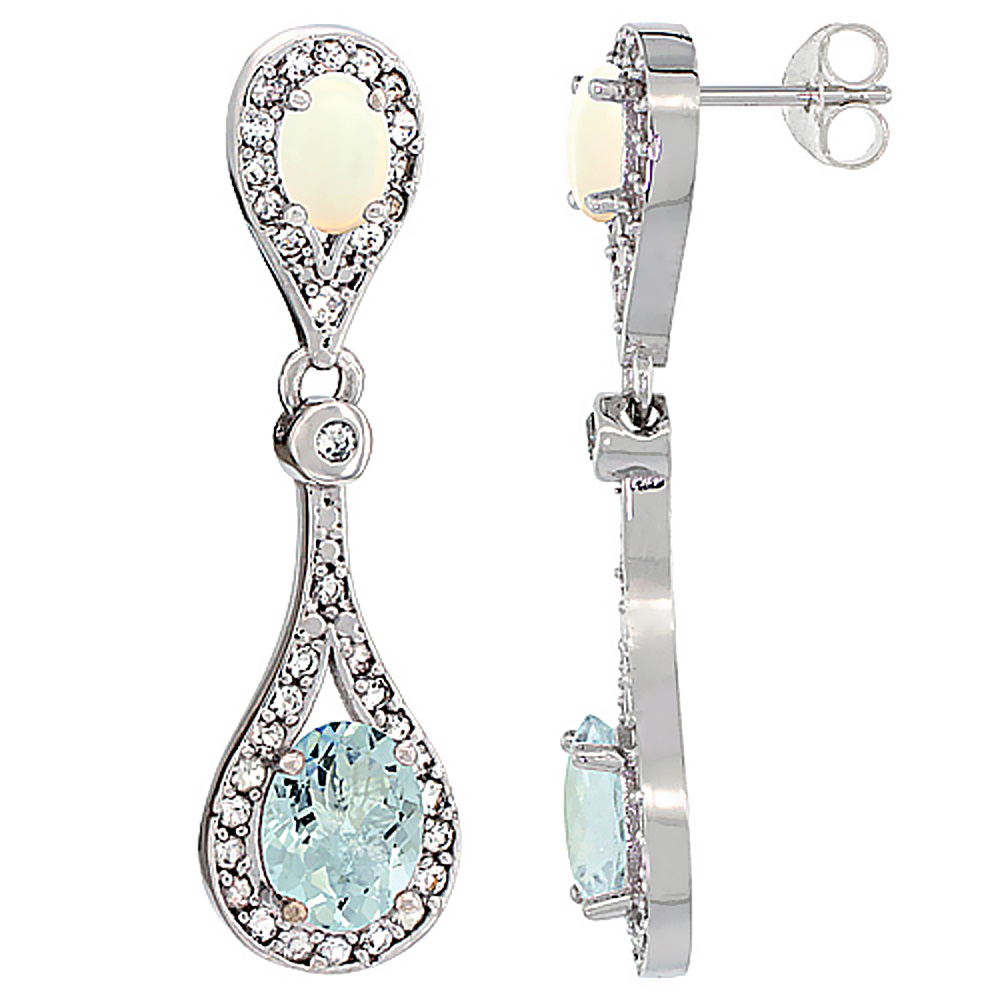 14K WHITE GOLD NATURAL AQUAMARINE & OPAL OVAL DANGLING EARRINGS WHITE SAPPHIRE & DIAMOND ACCENTS, 1 3/8 INCHES LONG