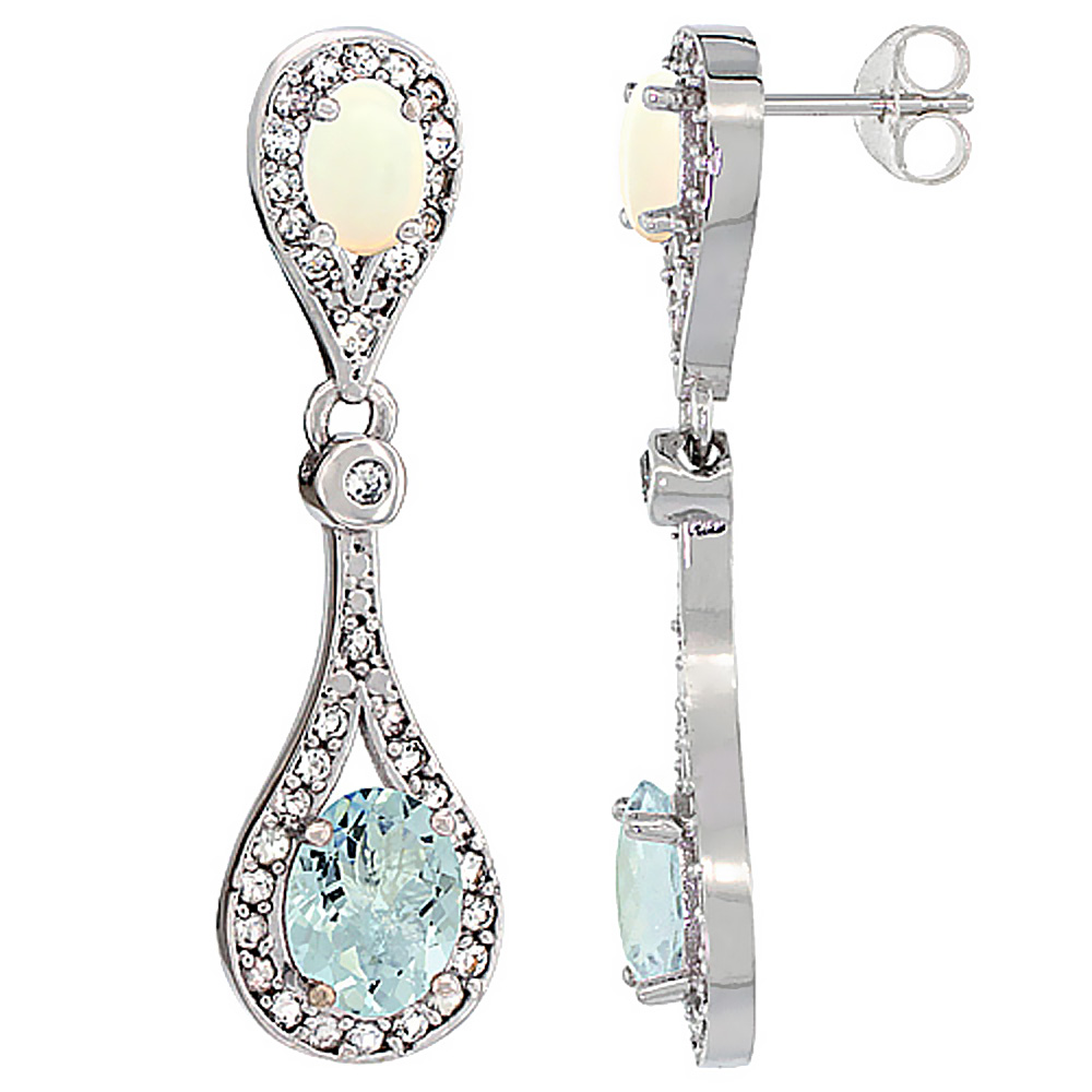 14K White Gold Natural Aquamarine & Opal Oval Dangling Earrings White Sapphire & Diamond Accents, 1 3/8 inches long