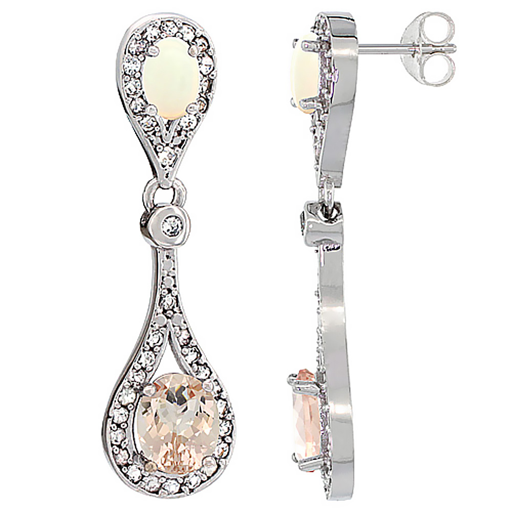 14K WHITE GOLD NATURAL MORGANITE & OPAL OVAL DANGLING EARRINGS WHITE SAPPHIRE & DIAMOND ACCENTS, 1 3/8 INCHES LONG