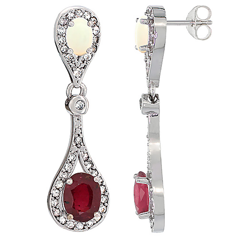 14K WHITE GOLD ENHANCED RUBY & OPAL OVAL DANGLING EARRINGS WHITE SAPPHIRE & DIAMOND ACCENTS, 1 3/8 INCHES LONG