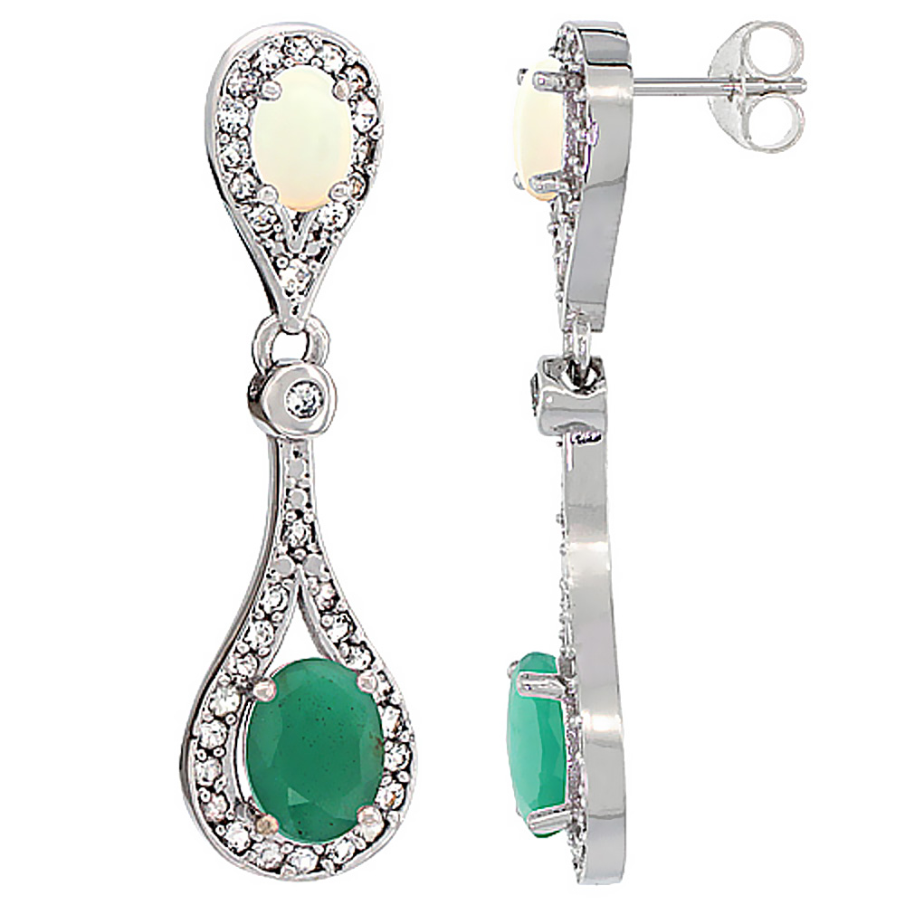 14K WHITE GOLD NATURAL EMERALD & OPAL OVAL DANGLING EARRINGS WHITE SAPPHIRE & DIAMOND ACCENTS, 1 3/8 INCHES LONG