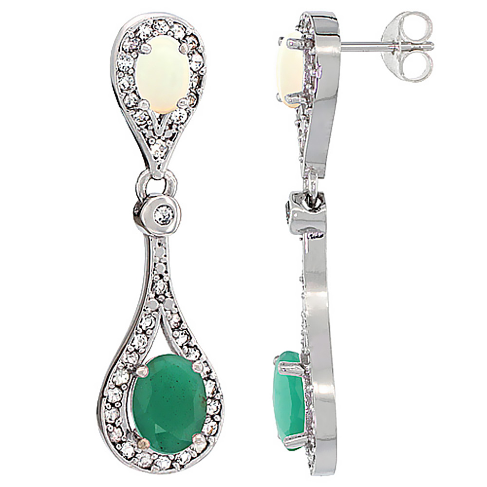 14K White Gold Natural Emerald &amp; Opal Oval Dangling Earrings White Sapphire &amp; Diamond Accents, 1 3/8 inches long