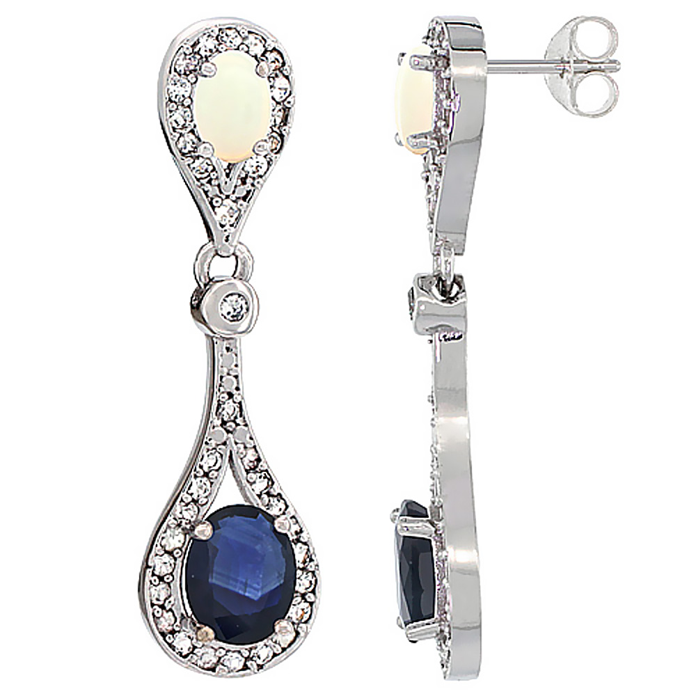 14K WHITE GOLD NATURAL BLUE SAPPHIRE & OPAL OVAL DANGLING EARRINGS WHITE SAPPHIRE & DIAMOND ACCENTS, 1 3/8 INCHES LONG