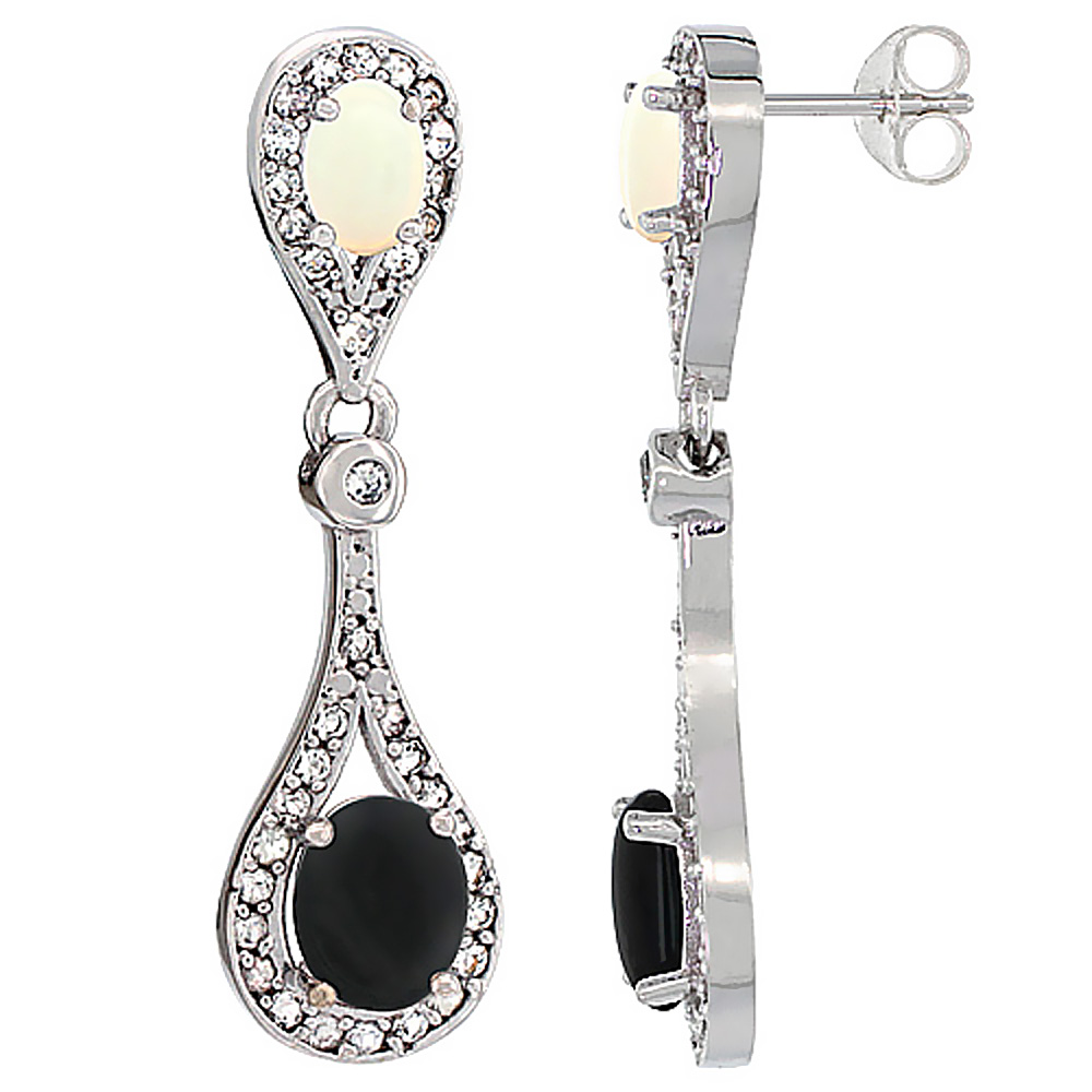 14K WHITE GOLD NATURAL BLACK ONYX & OPAL OVAL DANGLING EARRINGS WHITE SAPPHIRE & DIAMOND ACCENTS, 1 3/8 INCHES LONG