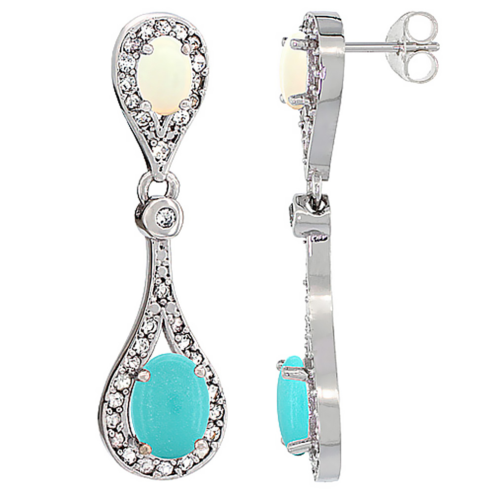14K WHITE GOLD NATURAL TURQUOISE & OPAL OVAL DANGLING EARRINGS WHITE SAPPHIRE & DIAMOND ACCENTS, 1 3/8 INCHES LONG