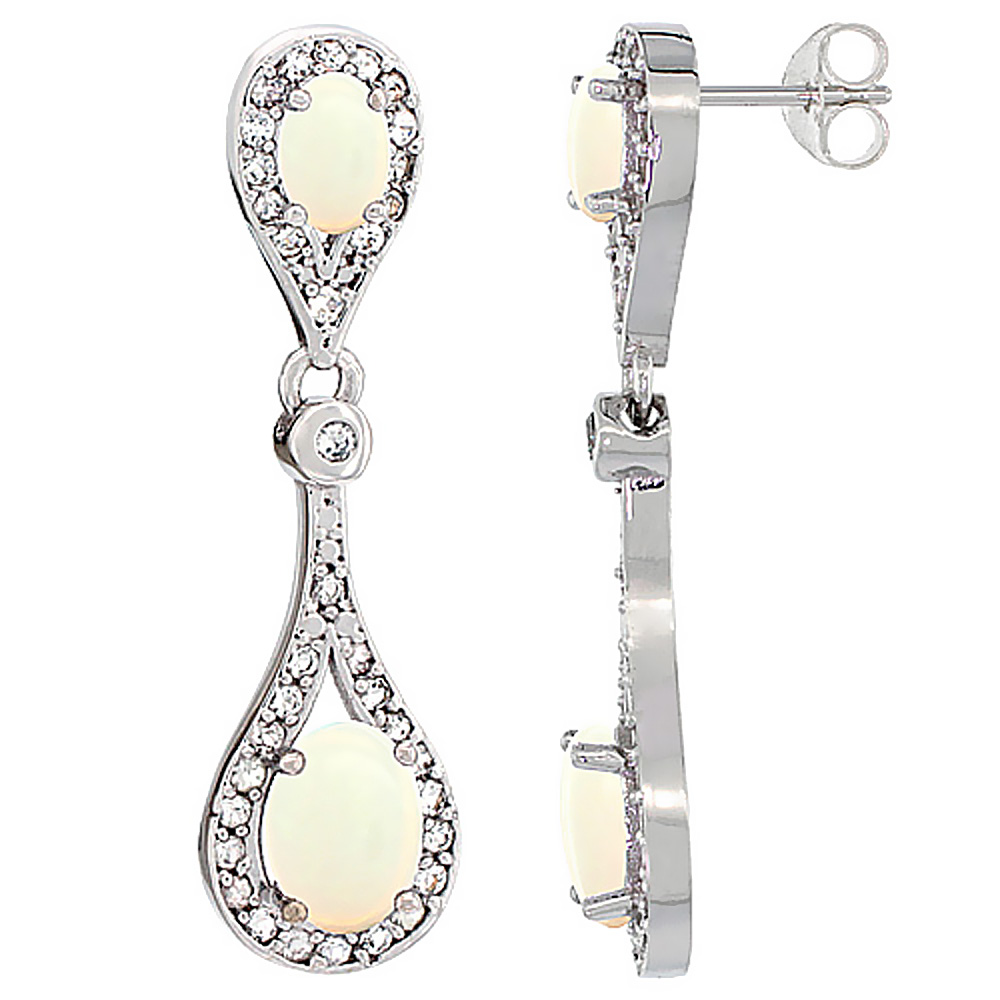14K White Gold Natural Opal Oval Dangling Earrings White Sapphire &amp; Diamond Accents, 1 3/8 inches long