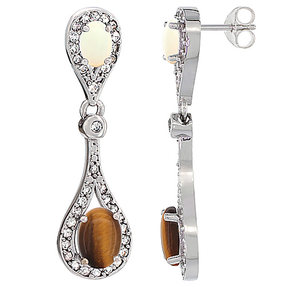 14K WHITE GOLD NATURAL TIGER EYE & OPAL OVAL DANGLING EARRINGS WHITE SAPPHIRE & DIAMOND ACCENTS, 1 3/8 INCHES LONG