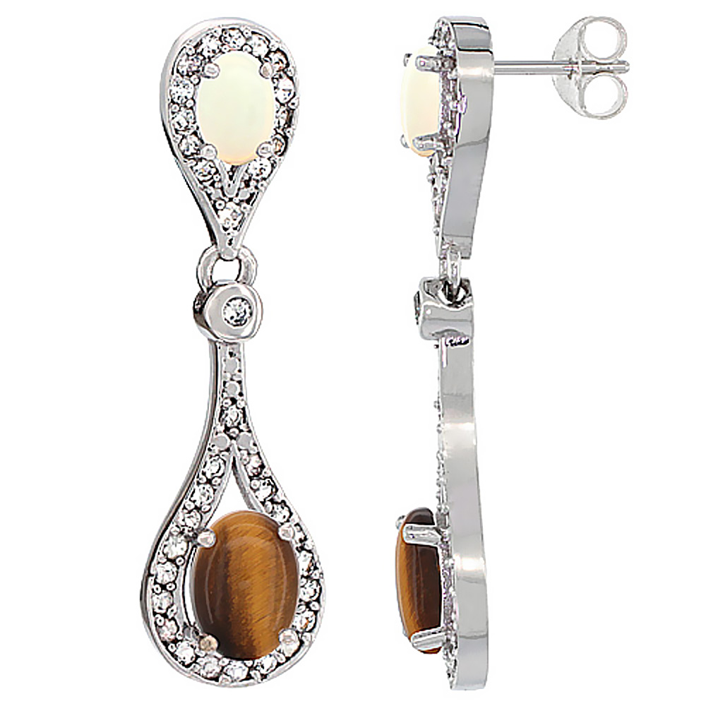 14K White Gold Natural Tiger Eye &amp; Opal Oval Dangling Earrings White Sapphire &amp; Diamond Accents, 1 3/8 inches long
