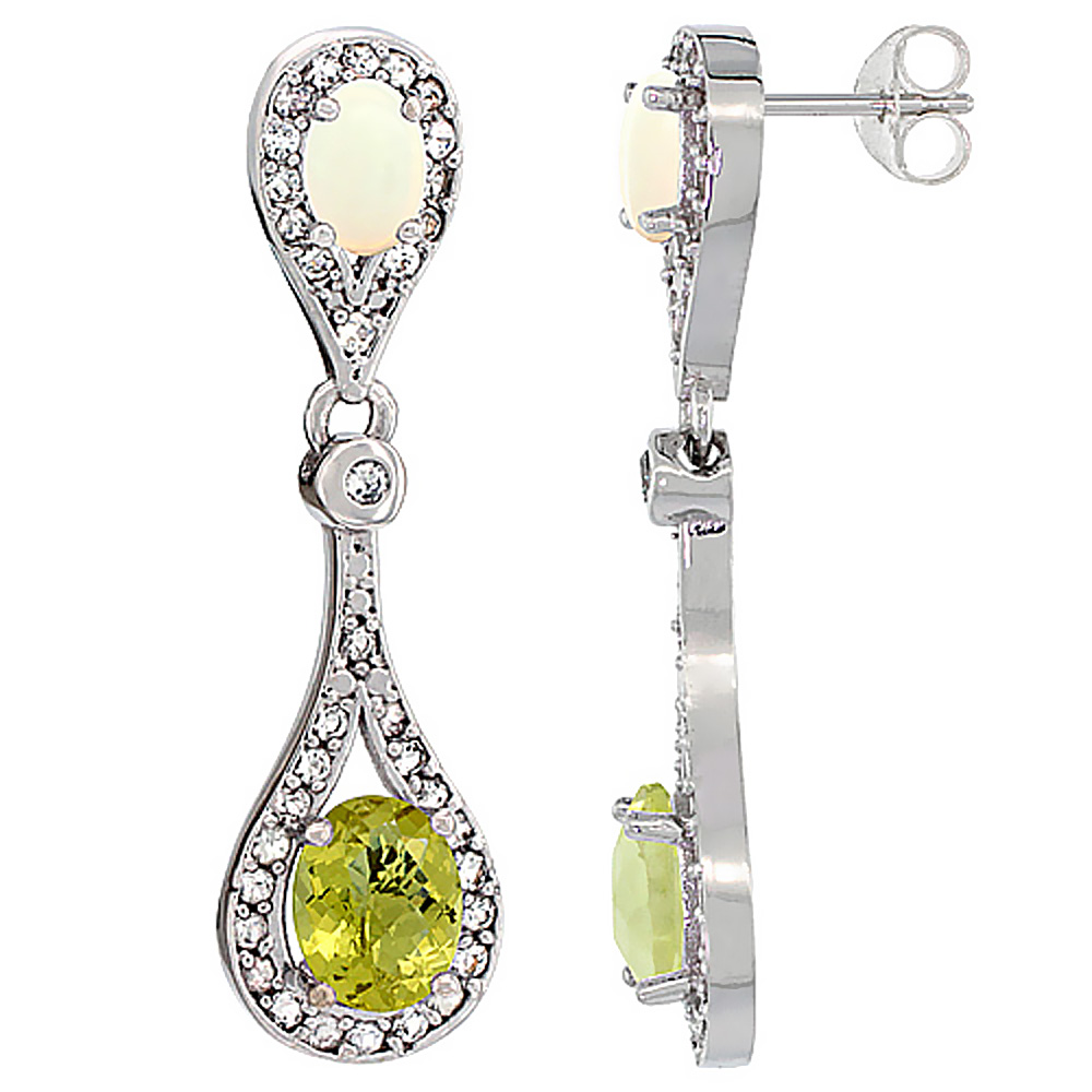 14K WHITE GOLD NATURAL LEMON QUARTZ & OPAL OVAL DANGLING EARRINGS WHITE SAPPHIRE & DIAMOND ACCENTS, 1 3/8 INCHES LONG