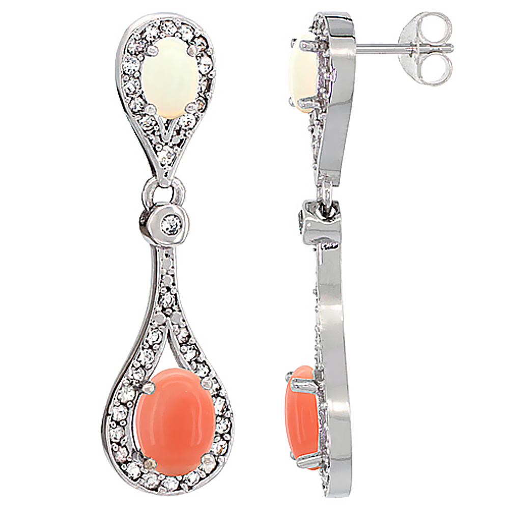 14K WHITE GOLD NATURAL CORAL & OPAL OVAL DANGLING EARRINGS WHITE SAPPHIRE & DIAMOND ACCENTS, 1 3/8 INCHES LONG