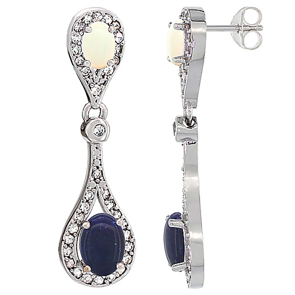 14K WHITE GOLD NATURAL LAPIS & OPAL OVAL DANGLING EARRINGS WHITE SAPPHIRE & DIAMOND ACCENTS, 1 3/8 INCHES LONG