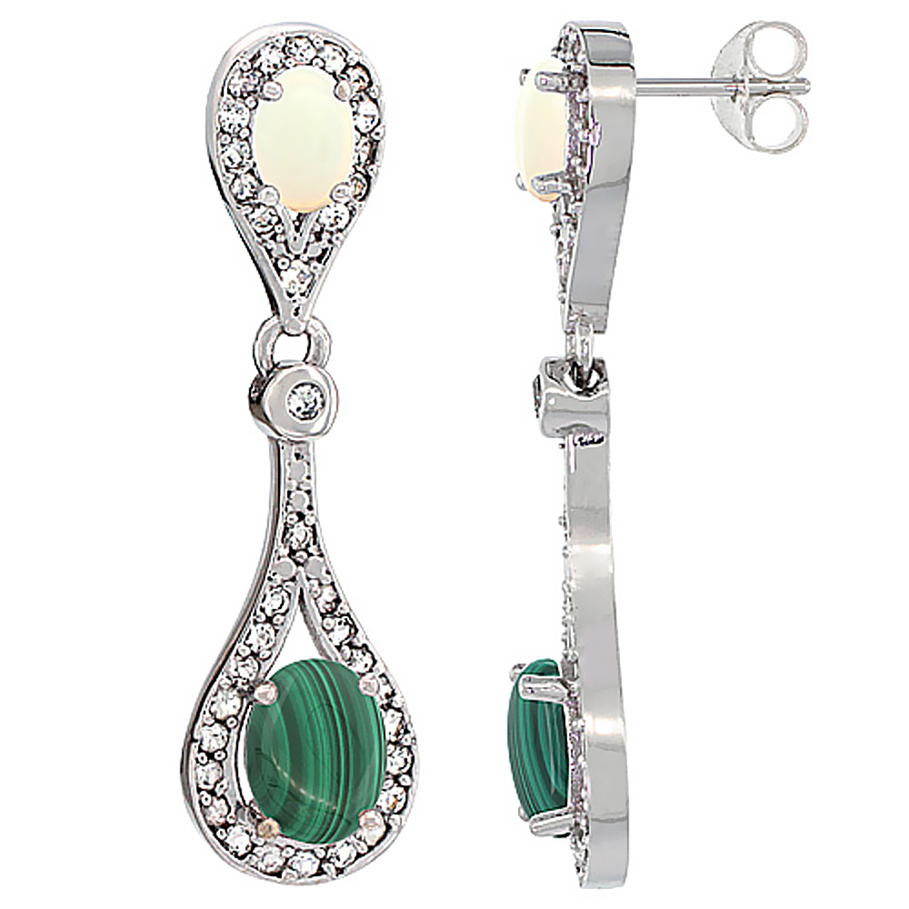 14K WHITE GOLD NATURAL MALACHITE & OPAL OVAL DANGLING EARRINGS WHITE SAPPHIRE & DIAMOND ACCENTS, 1 3/8 INCHES LONG