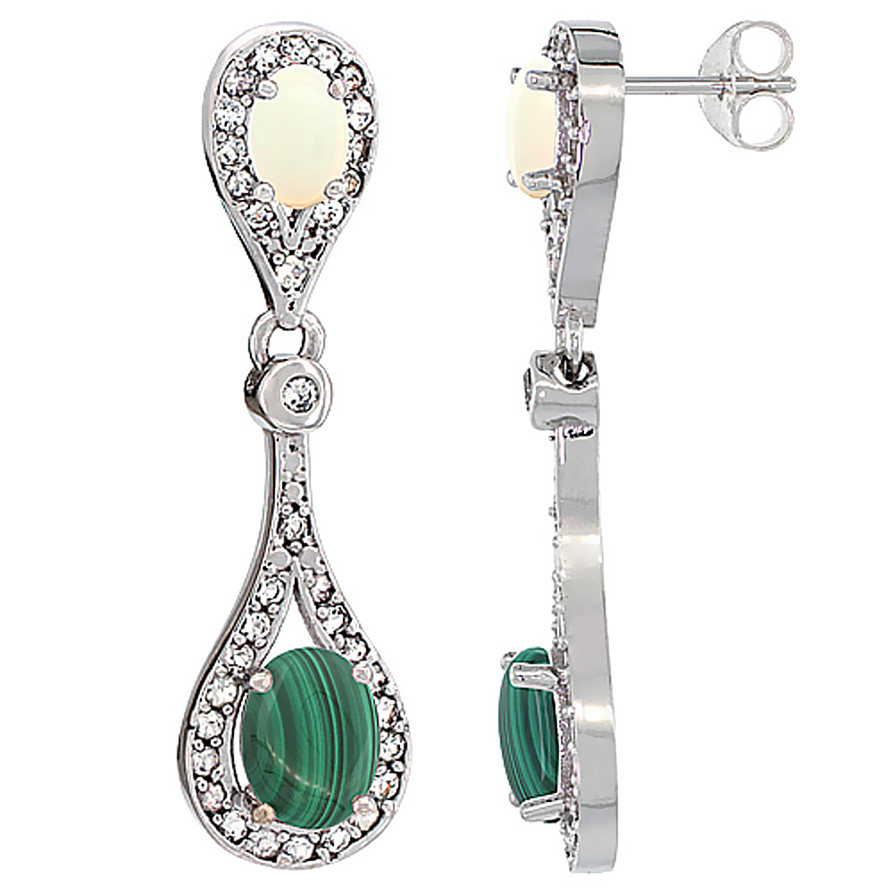14K White Gold Natural Malachite & Opal Oval Dangling Earrings White Sapphire & Diamond Accents, 1 3/8 inches long