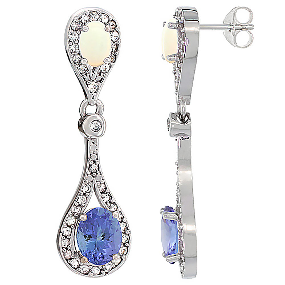 14K WHITE GOLD NATURAL TANZANITE & OPAL OVAL DANGLING EARRINGS WHITE SAPPHIRE & DIAMOND ACCENTS, 1 3/8 INCHES LONG