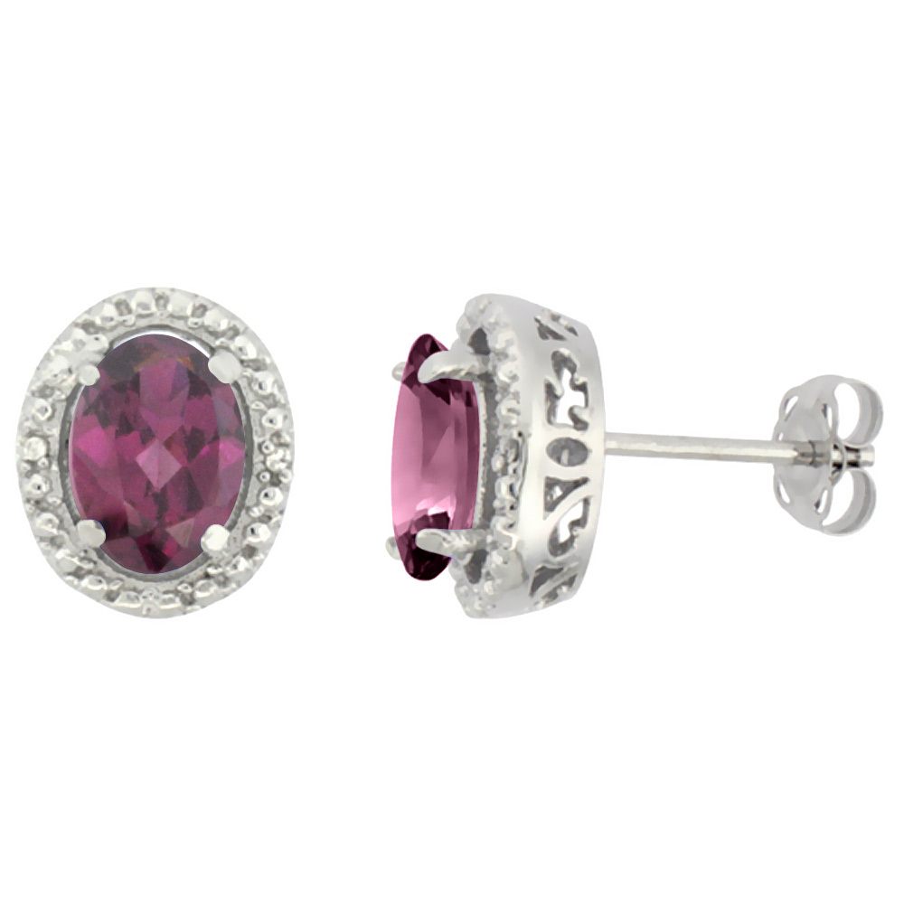 10K WHITE GOLD 0.01 CTTW DIAMOND NATURAL RHODOLITE POST EARRINGS OVAL 7X5 MM