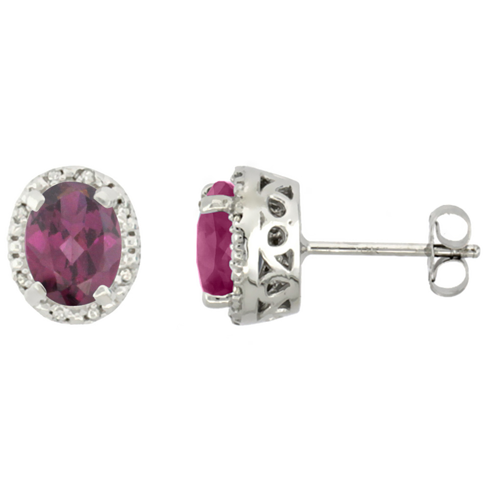 10K WHITE GOLD DIAMOND HALO NATURAL RHODOLITE STUD EARRINGS OVAL 7X5 MM