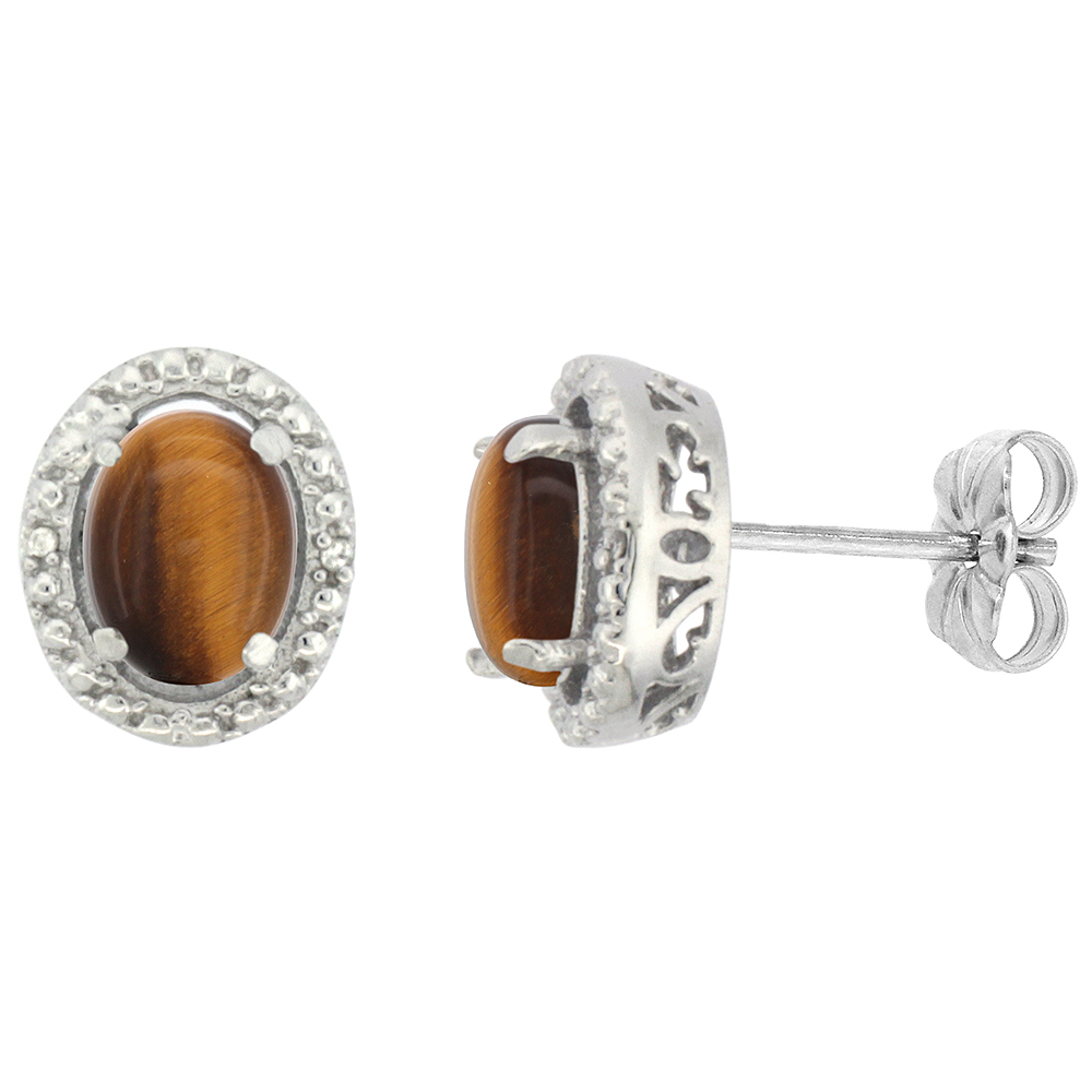 10K WHITE GOLD 0.01 CTTW DIAMOND NATURAL TIGER EYE POST EARRINGS OVAL 7X5 MM
