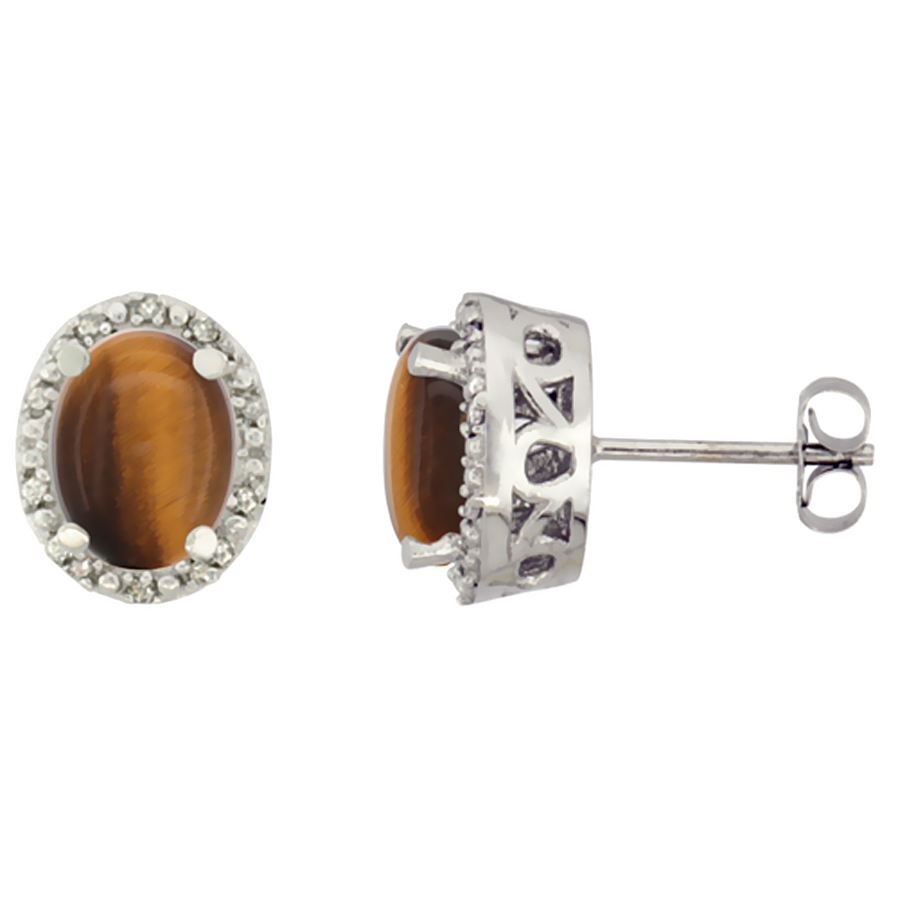 10K WHITE GOLD GENUINE TIGER EYE STUD EARRINGS DIAMOND HALO OVAL 8X6 MM