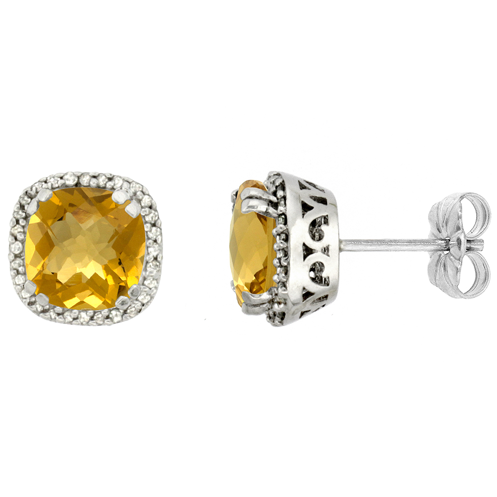 10K WHITE GOLD DIAMOND HALO NATURAL WHISKY QUARTZ STUD EARRINGS CUSHION SHAPED 7X7 MM