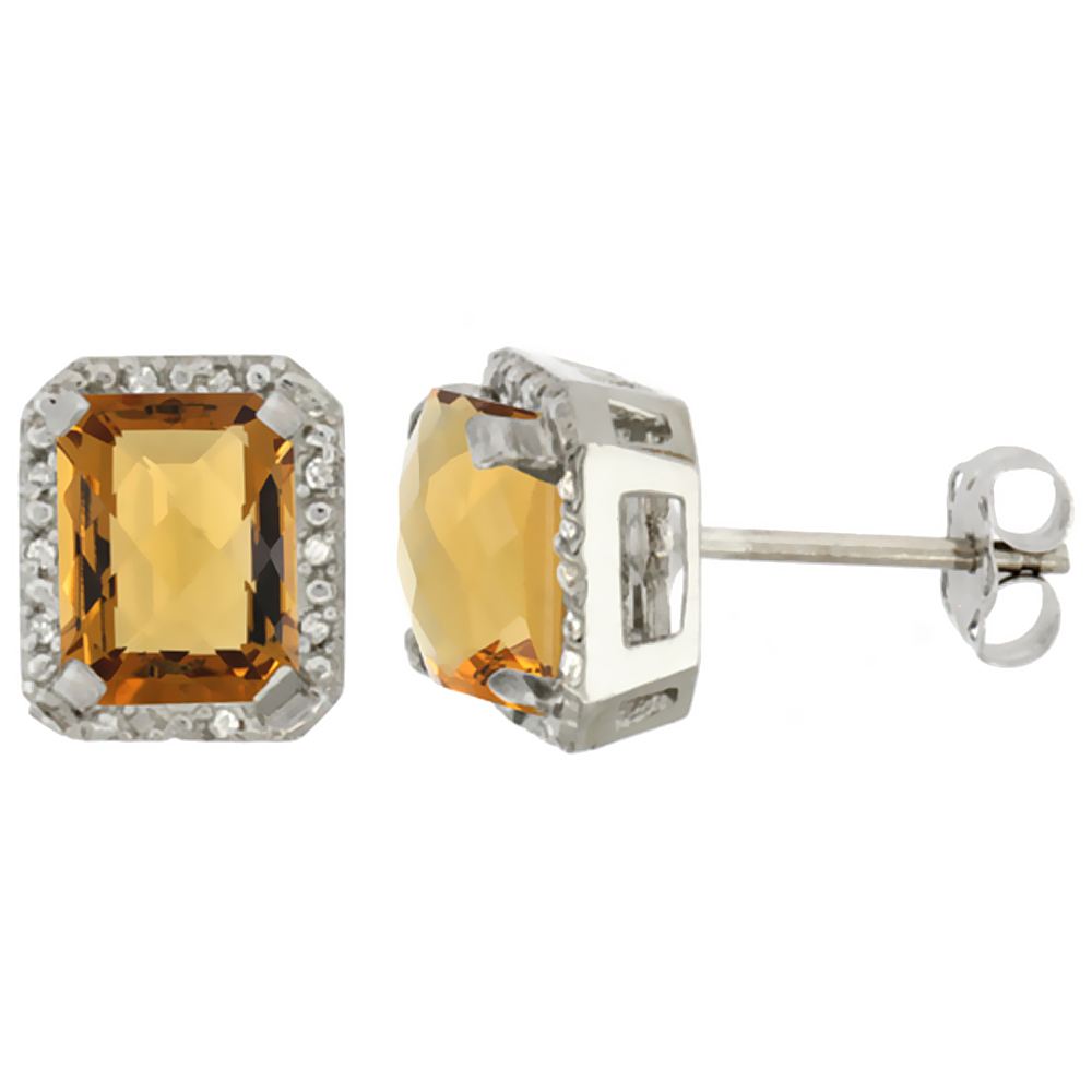 10K WHITE GOLD DIAMOND NATURAL WHISKY QUARTZ EARRINGS OCTAGON 8X6 MM