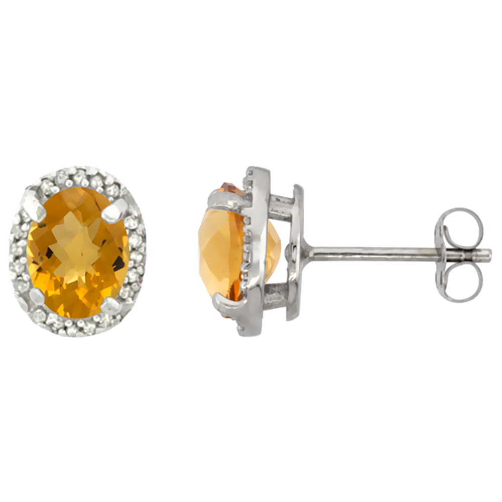 10K WHITE GOLD DIAMOND NATURAL WHISKY QUARTZ EARRINGS OVAL 7X5 MM