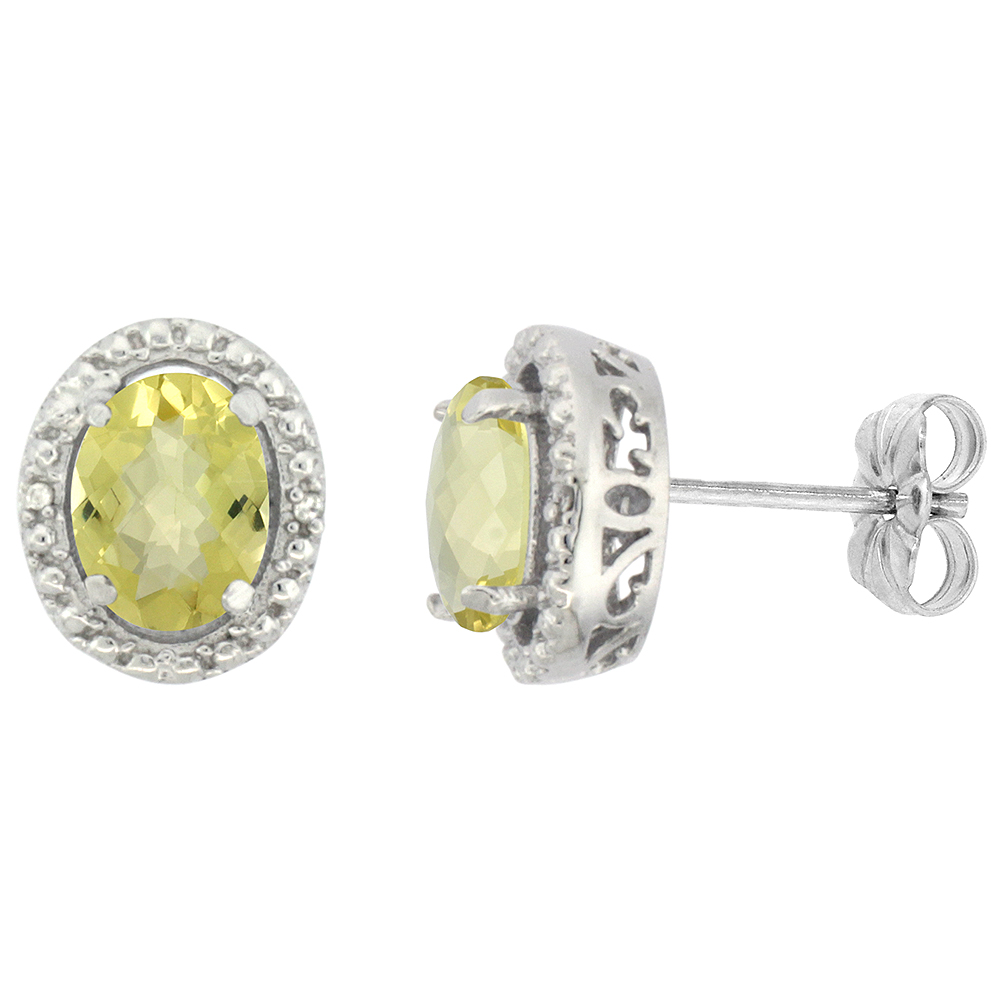 10K WHITE GOLD 0.01 CTTW DIAMOND NATURAL LEMON QUARTZ POST EARRINGS OVAL 7X5 MM