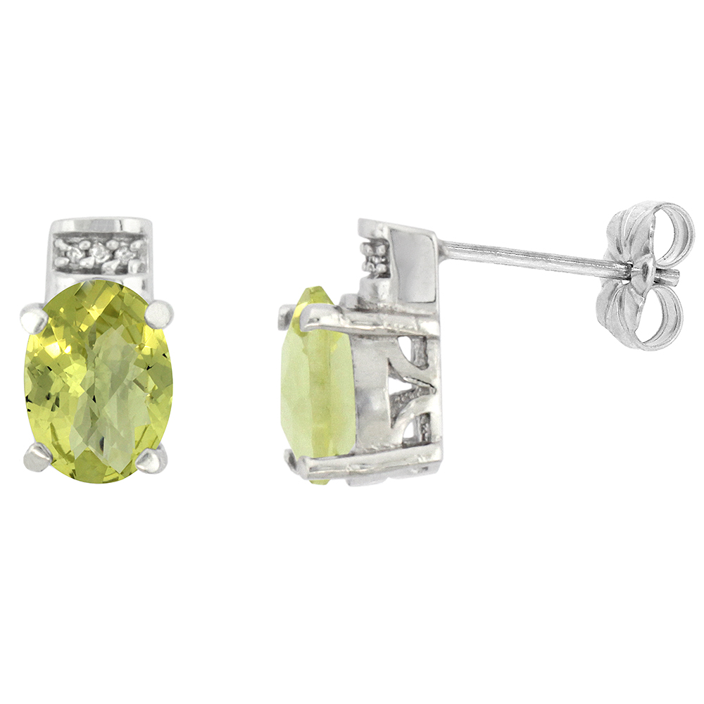 10K WHITE GOLD DIAMOND NATURAL LEMON QUARTZ EARRINGS OVAL 8X6 MM