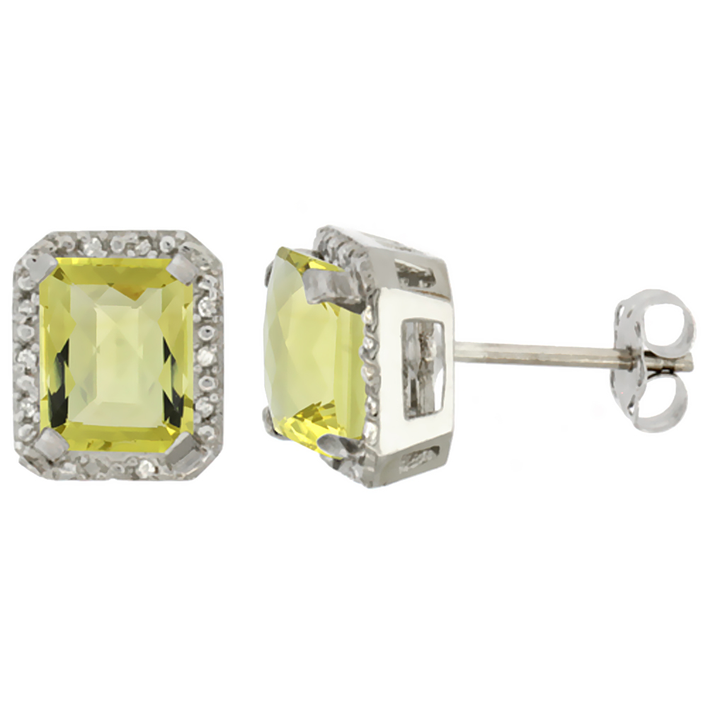 10K White Gold Diamond Natural Lemon Quartz Earrings Octagon 8x6 mm