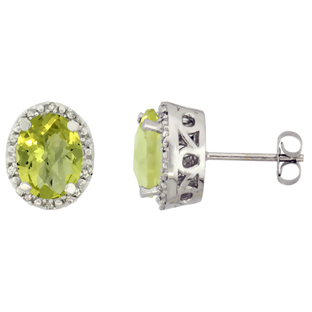 10K WHITE GOLD GENUINE LEMON QUARTZ STUD EARRINGS DIAMOND HALO OVAL 8X6 MM