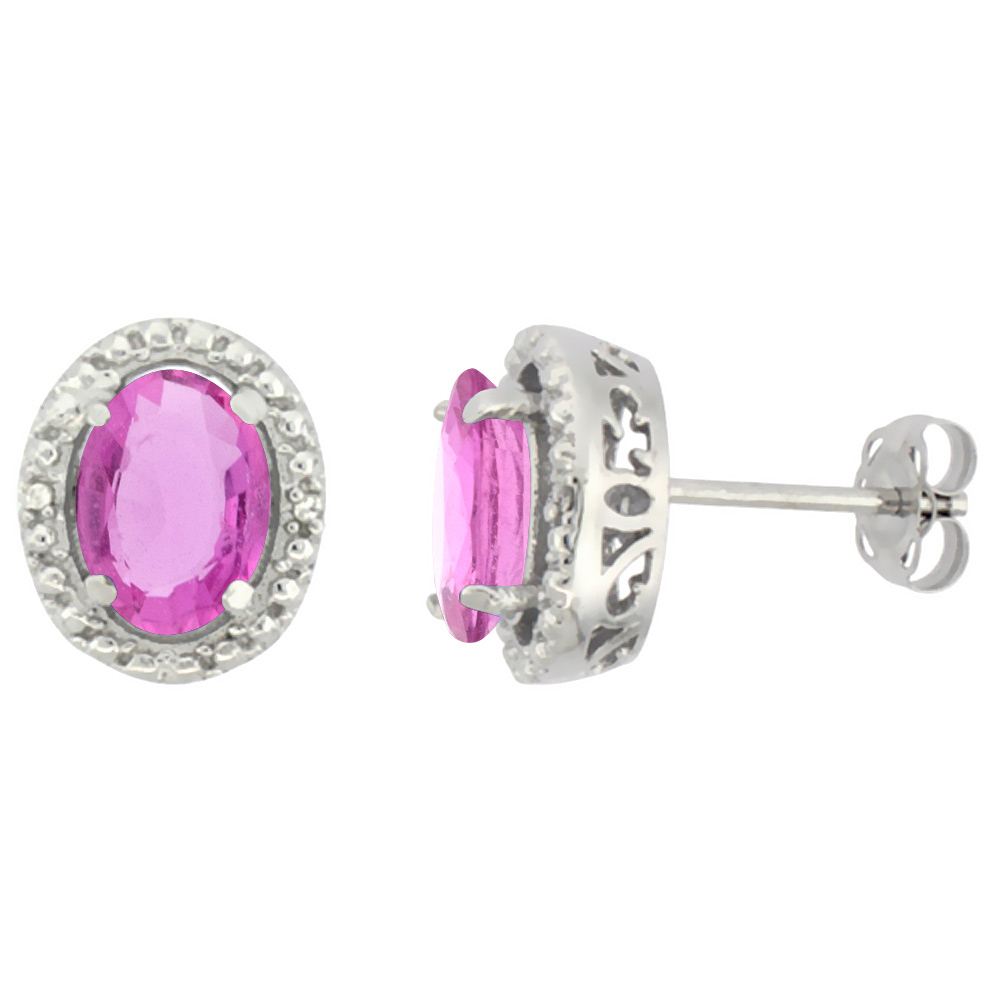 10K White Gold 0.01 cttw Diamond Natural Pink Sapphire Post Earrings Oval 7x5 mm