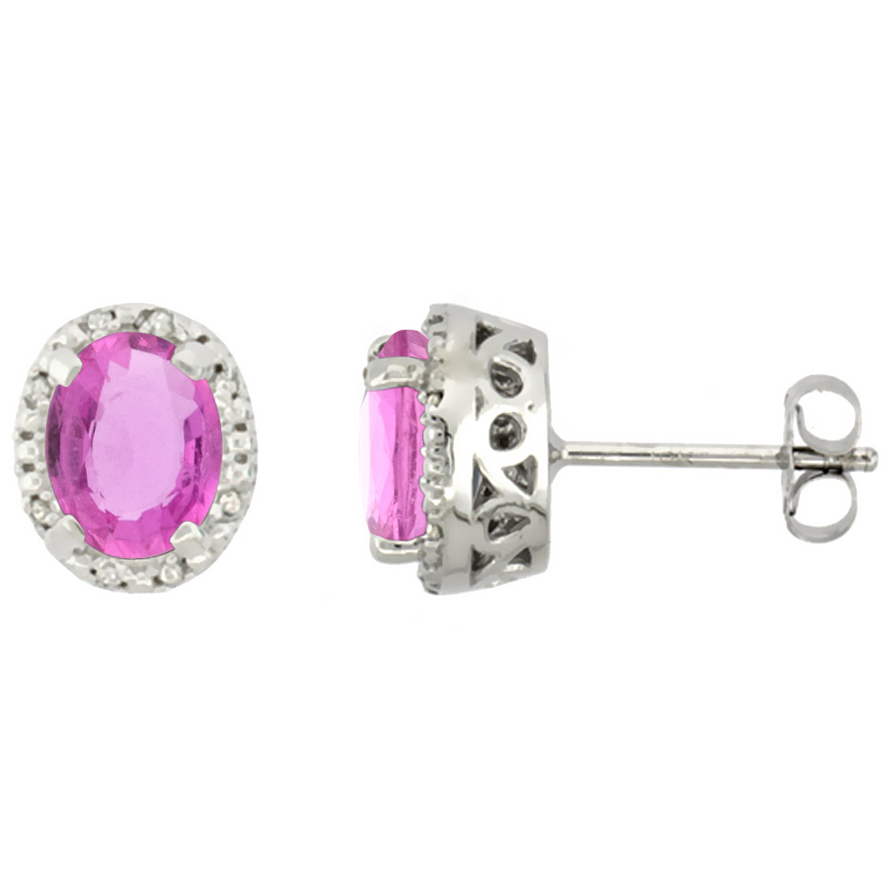 10K WHITE GOLD DIAMOND HALO NATURAL PINK SAPPHIRE STUD EARRINGS OVAL 7X5 MM