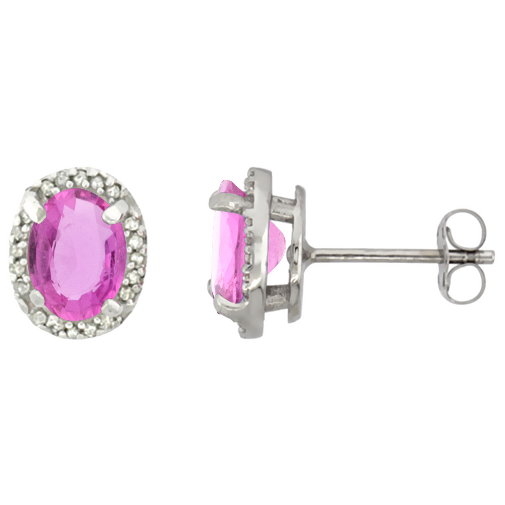 10K WHITE GOLD DIAMOND NATURAL PINK SAPPHIRE EARRINGS OVAL 7X5 MM