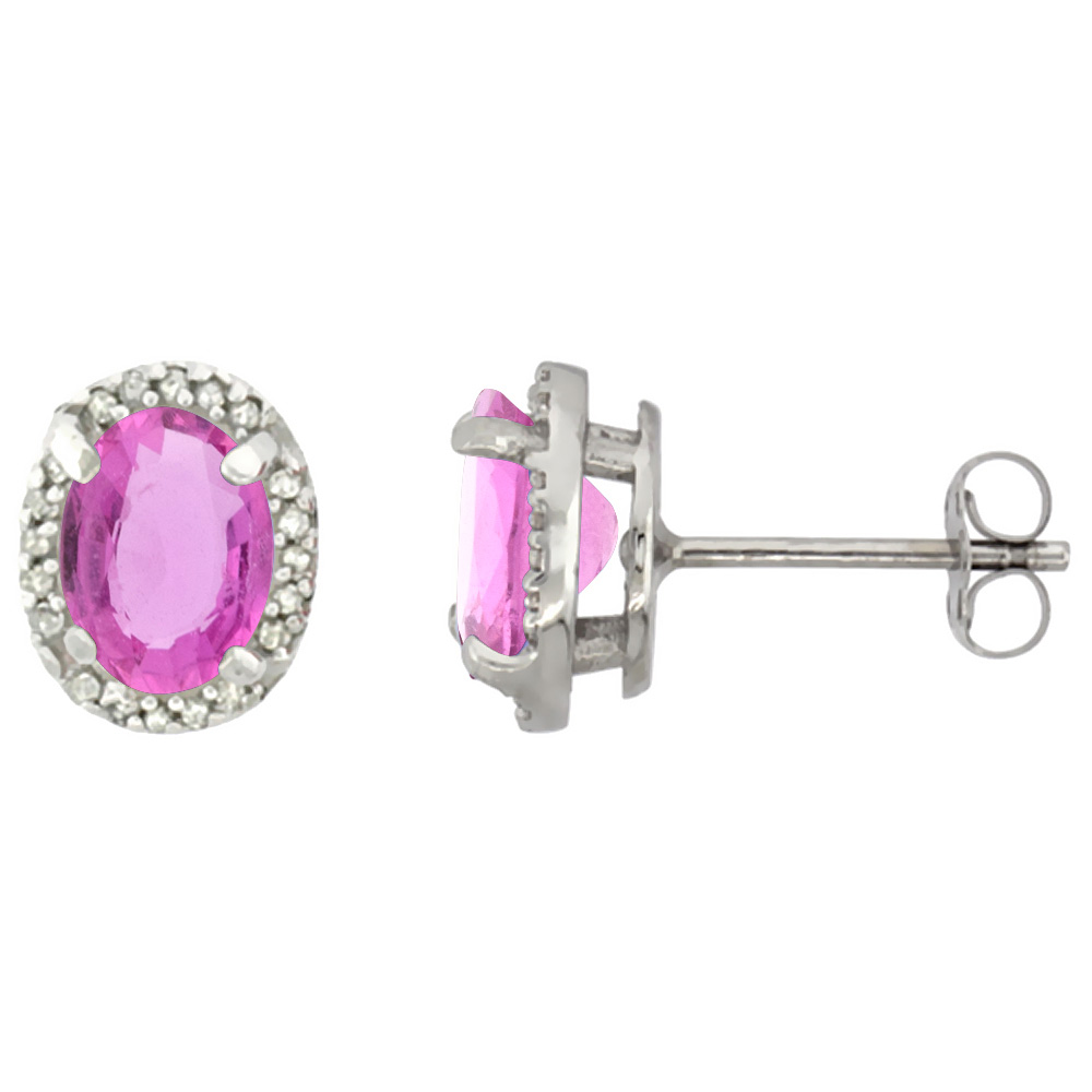 10K White Gold Diamond Natural Pink Sapphire Earrings Oval 7x5 mm