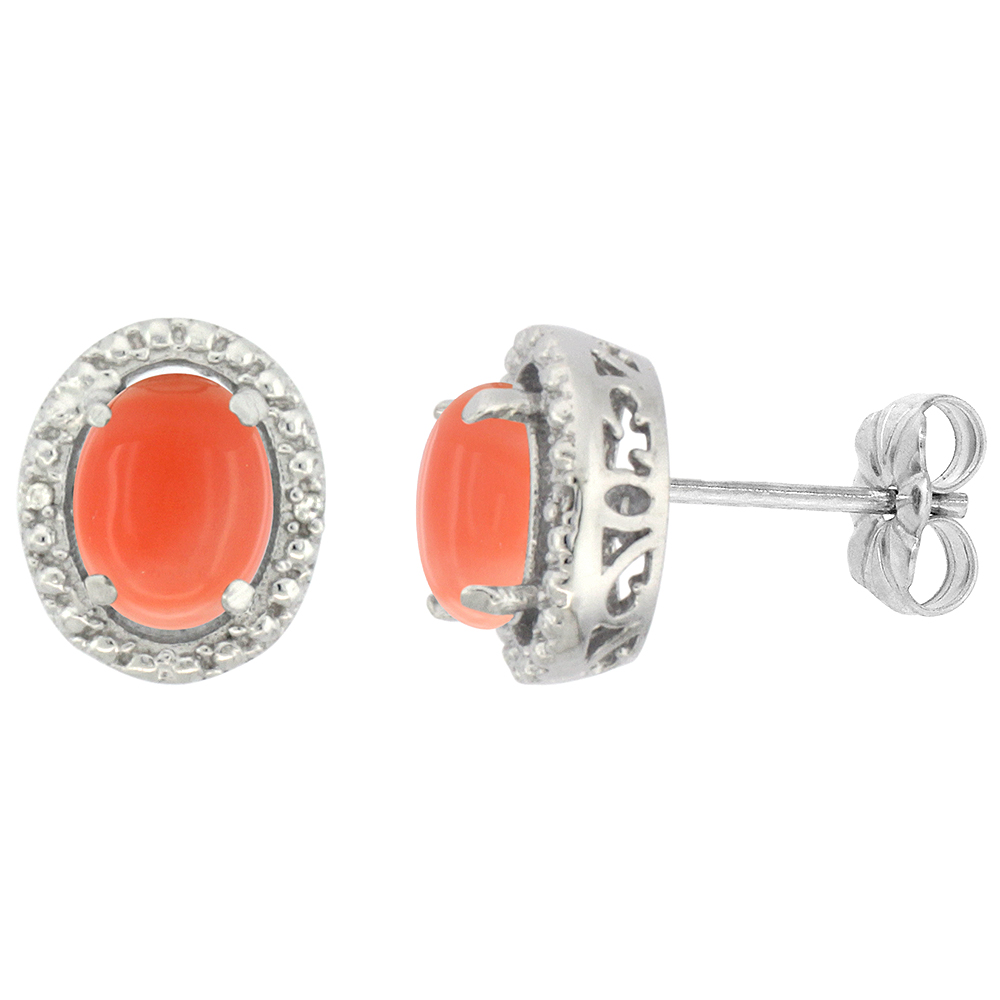10K WHITE GOLD 0.01 CTTW DIAMOND NATURAL CORAL POST EARRINGS OVAL 7X5 MM