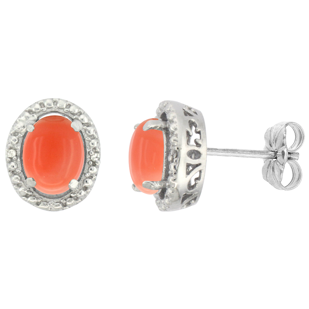 10K White Gold 0.01 cttw Diamond Natural Coral Post Earrings Oval 7x5 mm